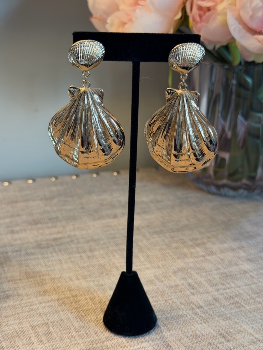 18k gold plated Statement Shell Drop Earrings - Shiny Polished Gold